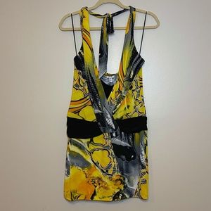 CACHE Yellow Canary Multi Print Halter Mini Dress